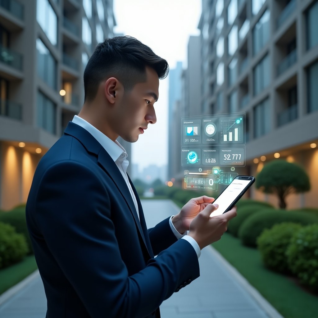 (Ultra-realistic condominium manager in a navy blue suit, set in a modern luxury condominium environment with high-rise buildings and manicured green landscaping, analyzing a holographic condominium management app interface projected from a smartphone with floating icons and data dashboards showing cost reduction and transparency graphs, cinematic lighting, shallow depth of field, highly detailed textures, realistic skin, photographic realism, 8k resolution --ar 1:1 --v 6)