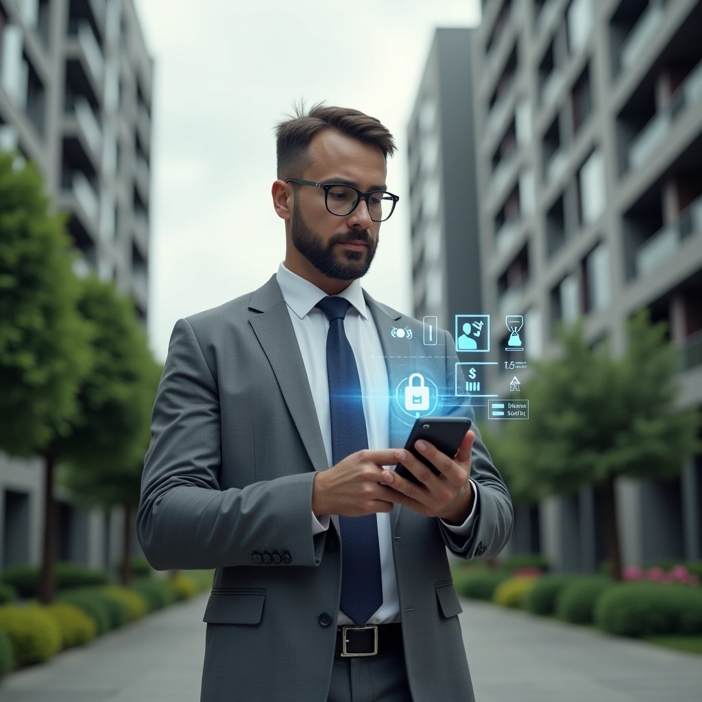 Ultra-realistic condominium manager in a tailored gray suit, set in a modern luxury condominium environment with high-rise buildings and manicured greenery, confidently interacting with a holographic app interface displaying communication, finance, security, and reservation icons, cinematic lighting, shallow depth of field, highly detailed textures, realistic skin, photographic realism, 8k resolution --ar 1:1 --v 6