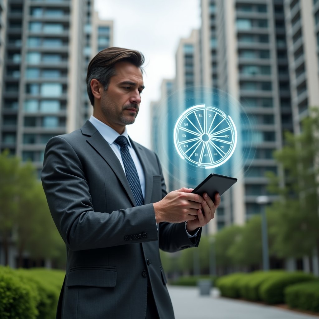(Ultra-realistic condominium manager in a tailored gray suit, set in a modern luxury condominium environment with high-rise buildings and manicured green landscaping, analyzing a holographic pie chart of fractional percentages hovering above a tablet symbolizing an aplicativo para condomínio, confident and thoughtful expression, cinematic lighting, shallow depth of field, highly detailed textures, realistic skin, photographic realism, 8k resolution --ar 1:1 --v 6)