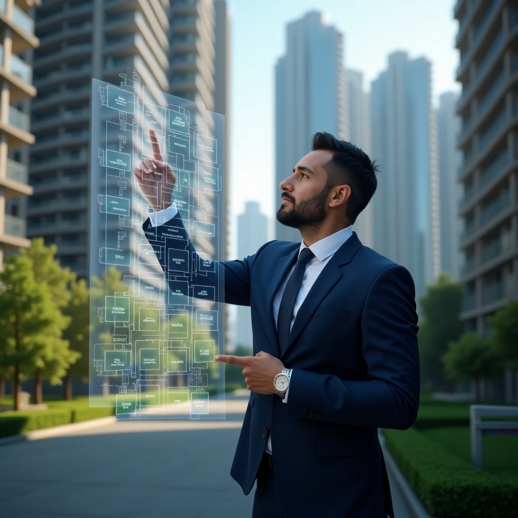 Ultra-realistic condominium manager in a navy executive suit, set in a modern luxury condominium environment with high-rise buildings and meticulously landscaped greenery, confidently analyzing a holographic 3D floor plan displaying ideal fraction divisions and cost allocation, pointing at a floating pie chart hologram symbolizing share of condo fees, cinematic lighting, shallow depth of field, highly detailed textures, realistic skin, photographic realism, 8k resolution --ar 1:1 --v 6