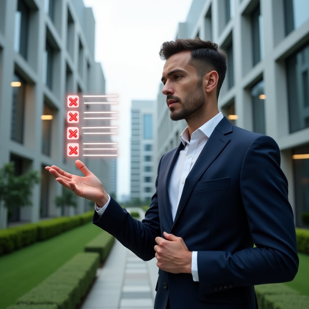 (Ultra-realistic condominium manager in a tailored navy suit, set in a modern luxury condominium environment with high-rise buildings and manicured green landscaping, analyzing a floating holographic checklist with red X marks symbolizing common management errors, confident and focused expression, cinematic lighting, shallow depth of field, highly detailed textures, realistic skin, photographic realism, 8k resolution --ar 1:1 --v 6)