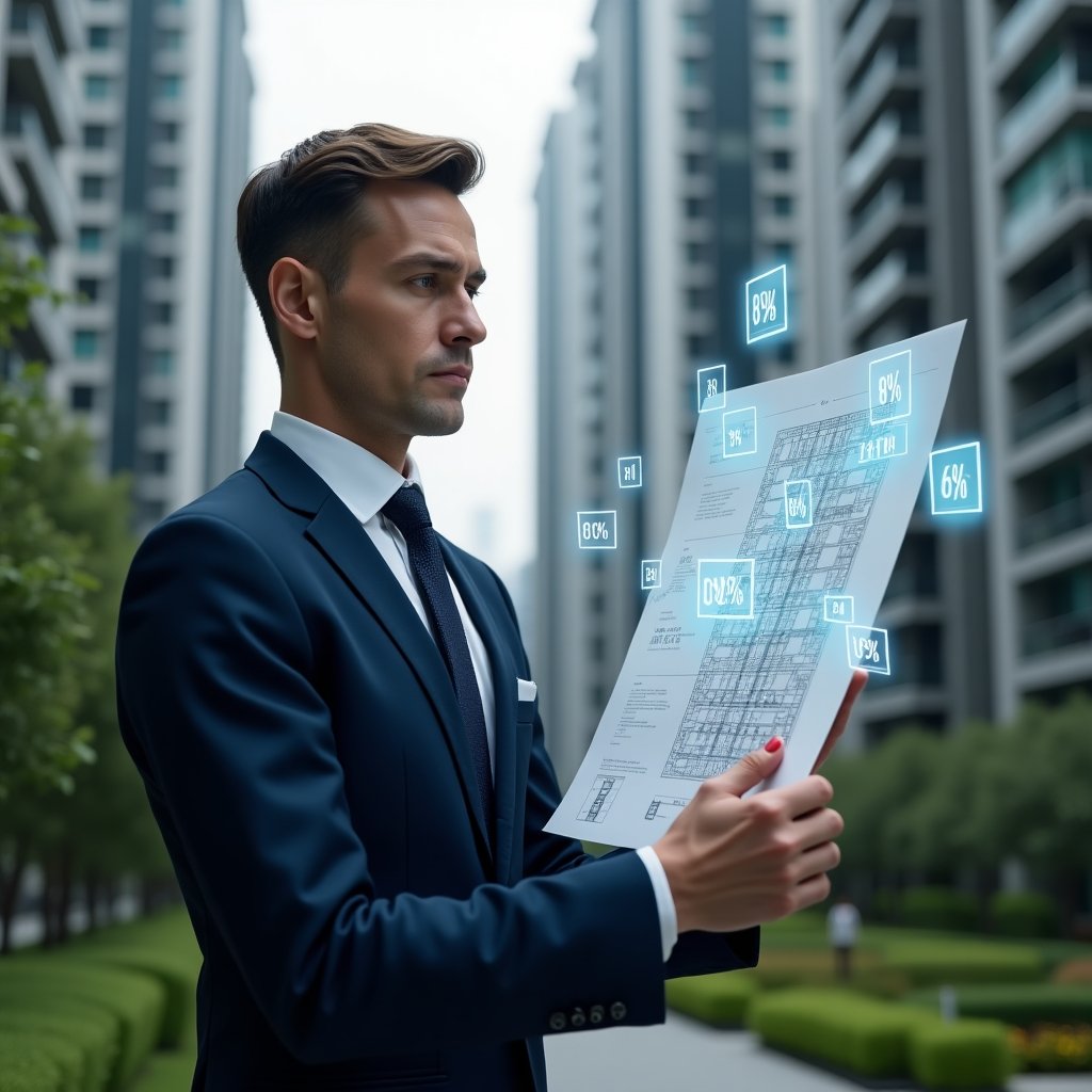 (Ultra-realistic condominium manager in a tailored navy suit, set in a modern luxury condominium environment with high-rise buildings and pristine green landscaping, holding and examining a holographic blueprint displaying fractional unit divisions, thoughtful expression as if identifying errors in cost allocation, floating icons of building units and percentage symbols around, cinematic lighting, shallow depth of field, highly detailed textures, realistic skin, photographic realism, 8k resolution --ar 1:1 --v 6)