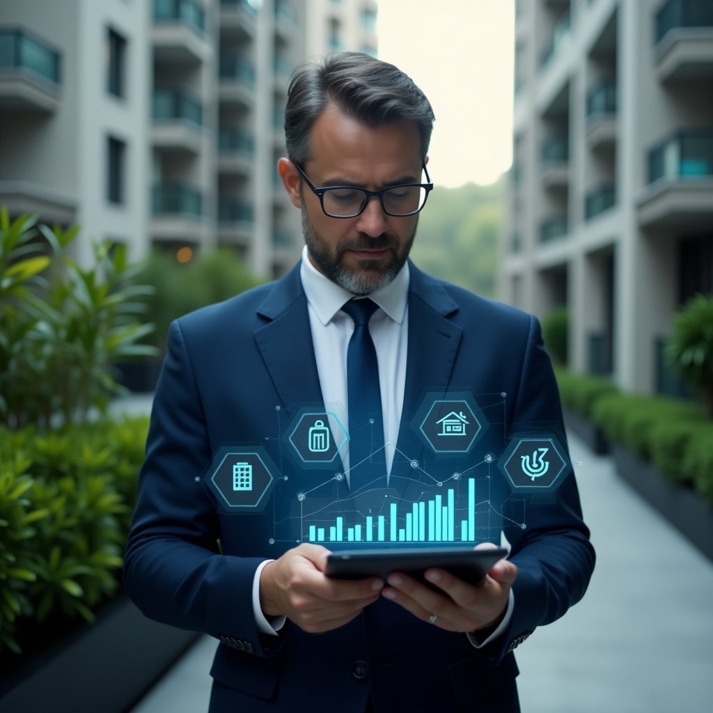 (Ultra-realistic condominium manager in a dark blue suit, set in a modern luxury condominium environment with high-rise buildings and lush green landscaping, mid-shot of a focused professional reviewing a digital tablet displaying transparent holographic financial charts and ledger icons, portraying diligence and confidence in annual accounts compliance, cinematic lighting, shallow depth of field, highly detailed textures, realistic skin, photographic realism, 8k resolution --ar 1:1 --v 6)