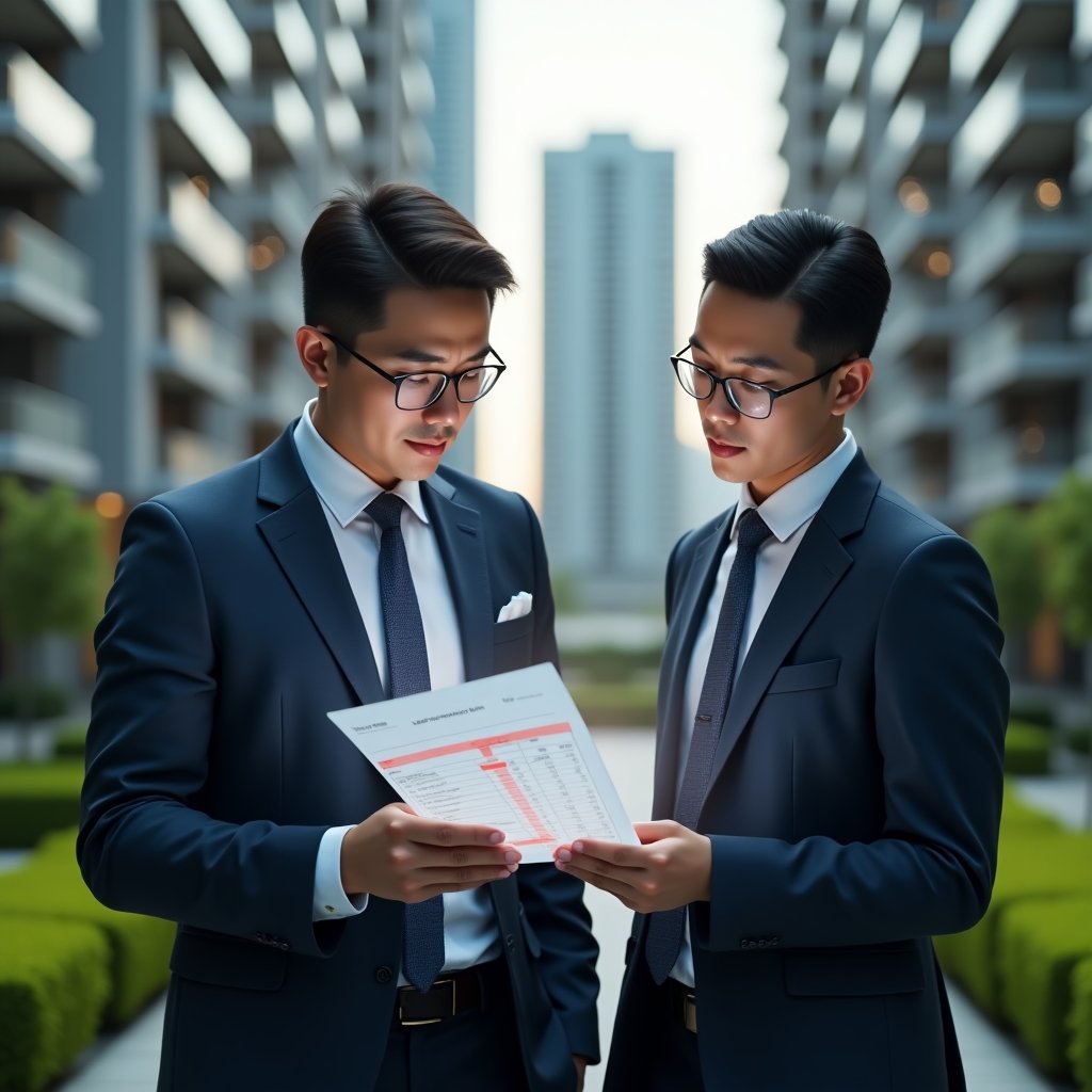 (Ultra-realistic condominium manager in a tailored navy suit, set in a modern luxury condominium environment with high-rise buildings and manicured green landscaping, reviewing a floating holographic financial report with red error highlights, analytical expression, cinematic lighting, shallow depth of field, highly detailed textures, realistic skin, photographic realism, 8k resolution --ar 1:1 --v 6)