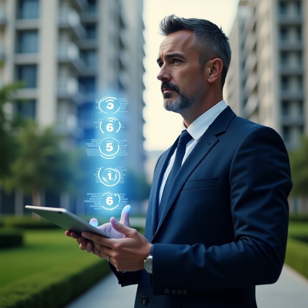 Ultra-realistic condominium manager in a navy executive suit, set in a modern luxury condominium environment with high-rise buildings and manicured green landscaping, mid-shot of a thoughtful professional holding a digital tablet projecting a holographic checklist of seven numbered errors with corrective icons, cinematic lighting, shallow depth of field, highly detailed textures, realistic skin, photographic realism, 8k resolution --ar 1:1 --v 6