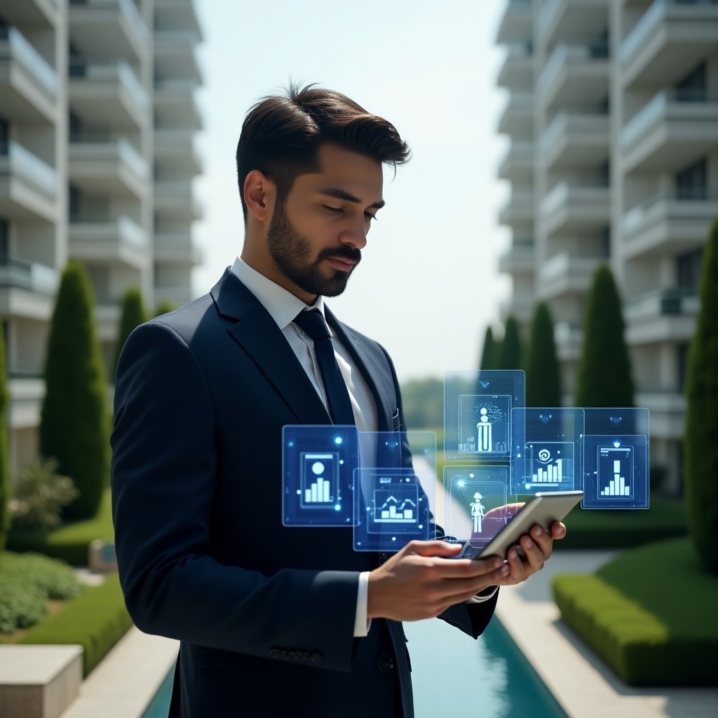 Ultra-realistic condominium manager in a tailored navy suit, set in a modern luxury condominium environment with high-rise buildings and manicured green landscaping, holding a tablet displaying holographic icons of financial charts and visitor logs, confidently analyzing data to avoid management errors, futuristic hologram overlays of a mobile app interface, cinematic lighting, shallow depth of field, highly detailed textures, realistic skin, photographic realism, 8k resolution --ar 1:1 --v 6