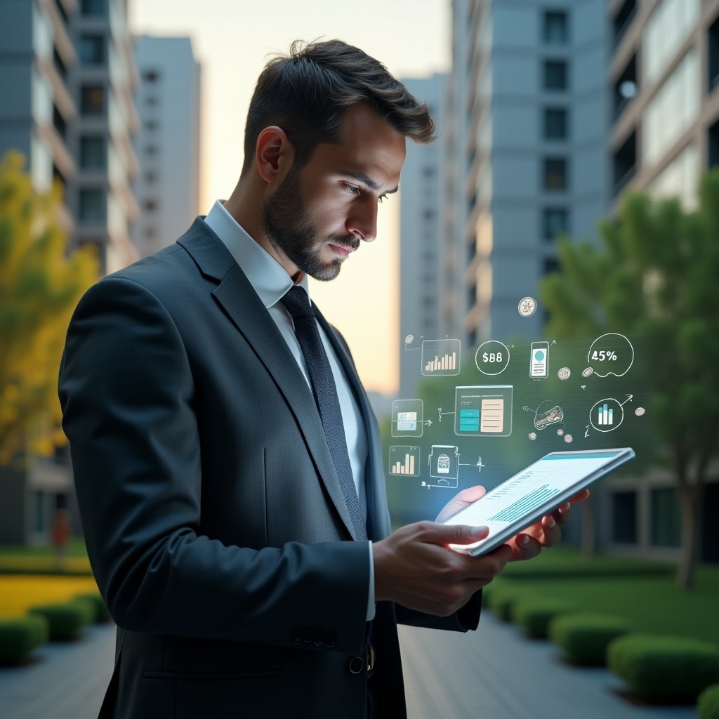 Ultra-realistic condominium manager in a charcoal gray suit, set in a modern luxury condominium environment with high-rise buildings and lush green landscaping, holding a transparent tablet displaying holographic financial charts and ledgers, analyzing expense reports with a confident, focused expression, floating icons of coins and bar graphs around the device, cinematic lighting, shallow depth of field, highly detailed textures, realistic skin, photographic realism, 8k resolution --ar 1:1 --v 6