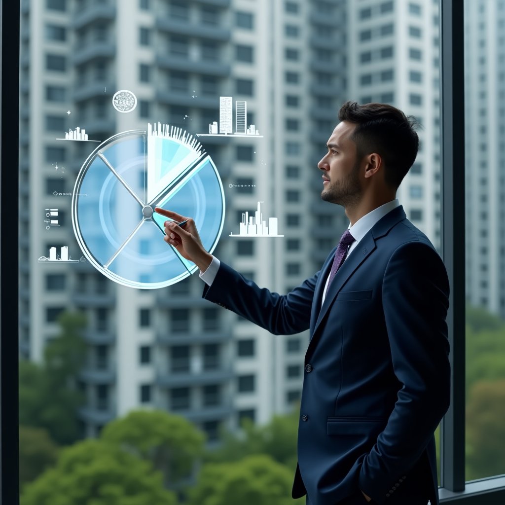 (Ultra-realistic condominium manager in a navy blue suit, set in a modern luxury condominium environment with high-rise buildings and lush green landscaping, analyzing a glowing holographic pie chart representing fraction ideal cost sharing, pointing at chart segments with a digital pen, floating icons of currency and building silhouettes around the hologram, confident and focused expression, cinematic lighting, shallow depth of field, highly detailed textures, realistic skin, photographic realism, 8k resolution --ar 1:1 --v 6)