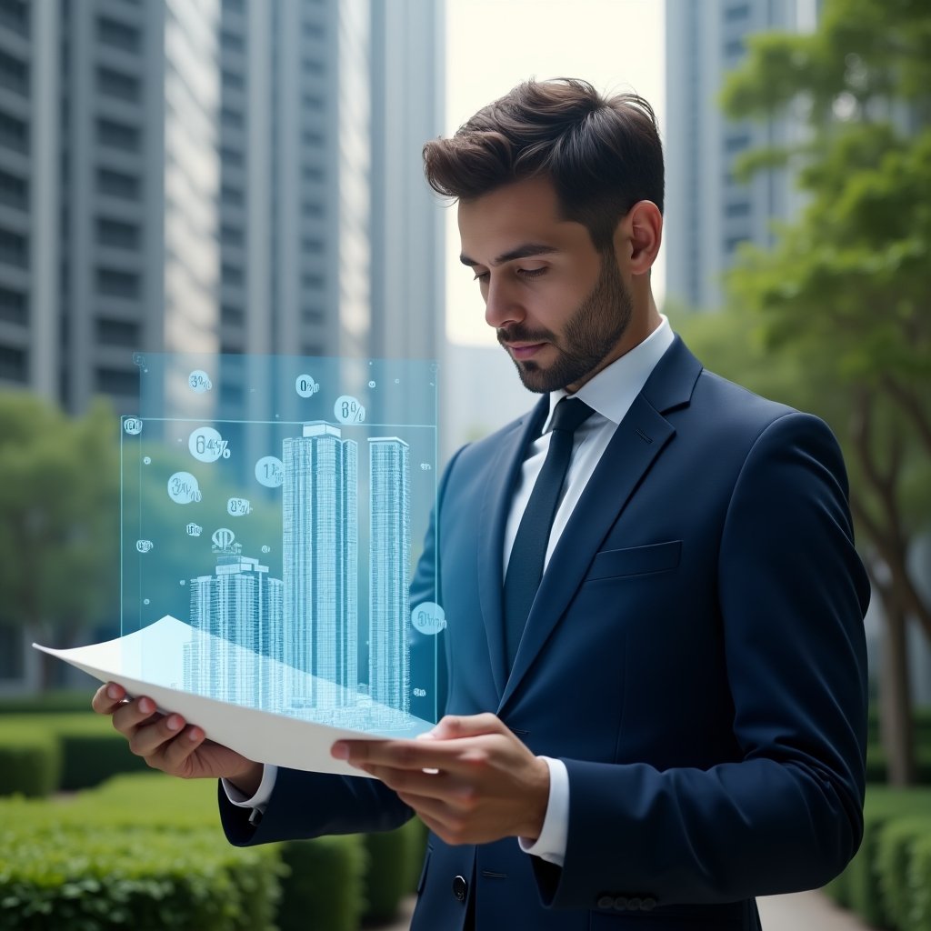 Ultra-realistic condo manager in a navy tailored suit, set in a modern luxury condominium environment with high-rise buildings and meticulously landscaped greenery, examining a holographic blueprint of building units with floating percentage symbols representing ideal fractions, thoughtful expression, cinematic lighting, shallow depth of field, highly detailed textures, realistic skin, photographic realism, 8k resolution --ar 1:1 --v 6