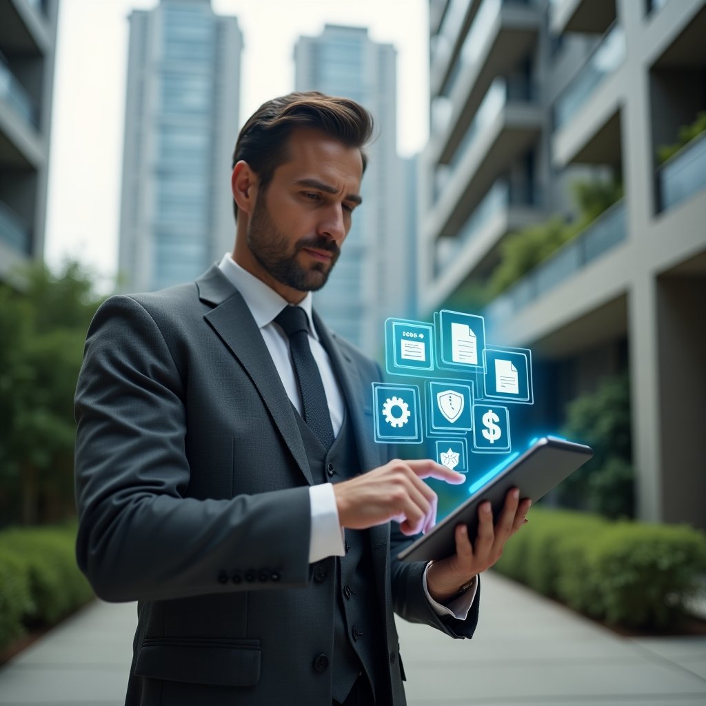 (Ultra-realistic condominium manager in a charcoal-gray tailored suit, set in a modern luxury condominium environment with high-rise buildings and manicured gardens, holding a tablet displaying holographic icons of a calendar, chat bubble, bar chart, wrench and invoice, confidently pointing at the floating app interface that highlights reservation, finance, communication, maintenance and reporting features, cinematic lighting, shallow depth of field, highly detailed textures, realistic skin, photographic realism, 8k resolution --ar 1:1 --v 6)