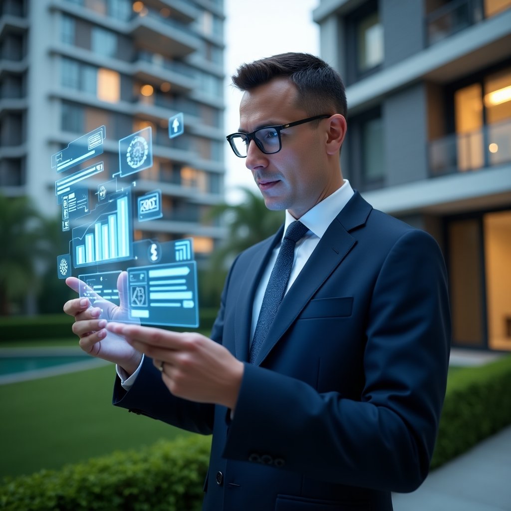 Ultra-realistic condominium manager in a navy executive suit, set in a modern luxury condominium environment with high-rise buildings and lush green landscaping, examining a holographic user interface displaying financial charts, chat bubbles and automation gear icons, confident expression, cinematic lighting, shallow depth of field, highly detailed textures, realistic skin, photographic realism, 8k resolution --ar 1:1 --v 6