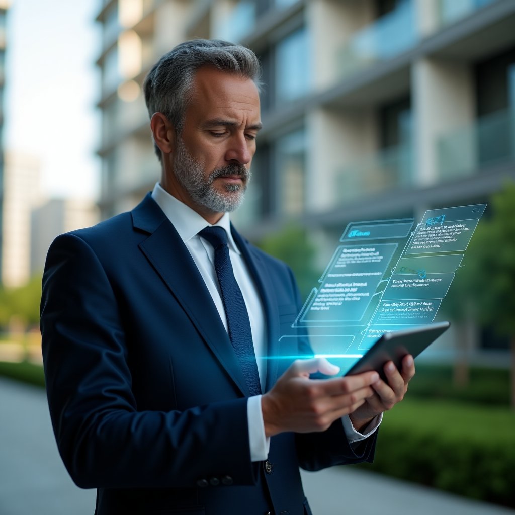 Ultra-realistic condominium manager in a navy executive suit, set in a modern luxury condominium environment with high-rise buildings and lush green landscaping, reviewing a holographic calendar schedule projected from a tablet, confident and focused expression, holographic timeline icons representing tasks and deadlines, cinematic lighting, shallow depth of field, highly detailed textures, realistic skin, photographic realism, 8k resolution --ar 1:1 --v 6
