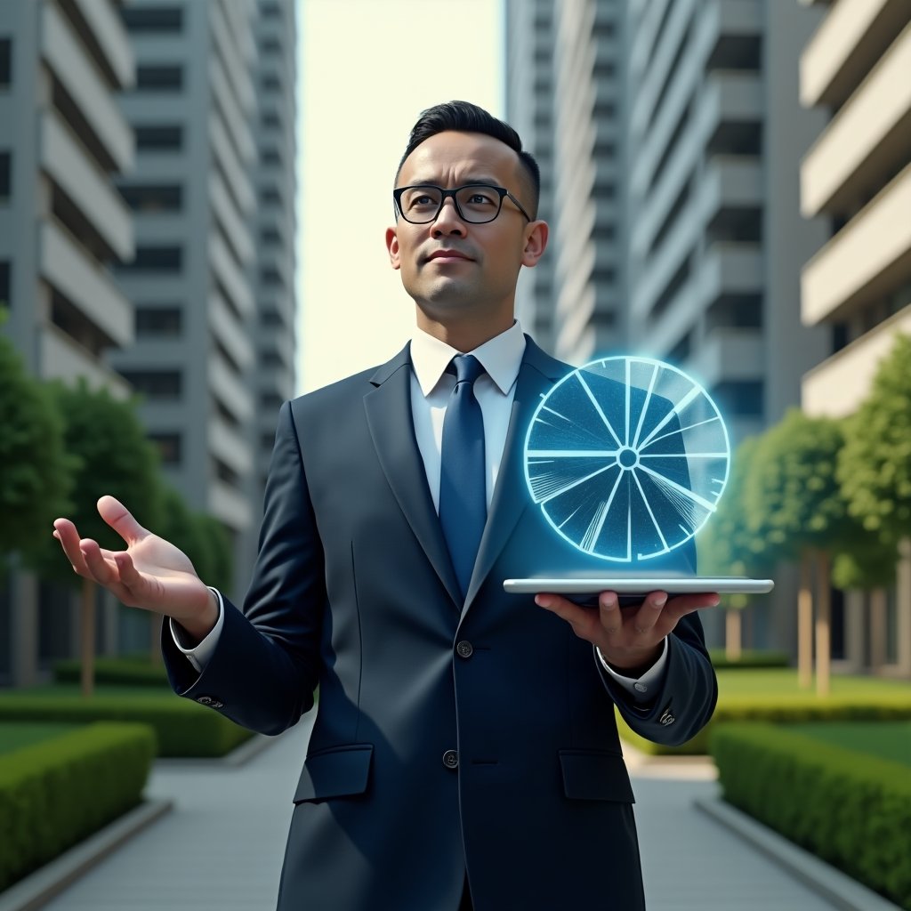 (Ultra-realistic condominium manager in a tailored navy suit, set in a modern luxury condominium environment with high-rise buildings and meticulously manicured green landscaping, confidently examining a floating holographic pie chart of fractional ownership divisions, cinematic lighting, shallow depth of field, highly detailed textures, realistic skin, photographic realism, 8k resolution --ar 1:1 --v 6)