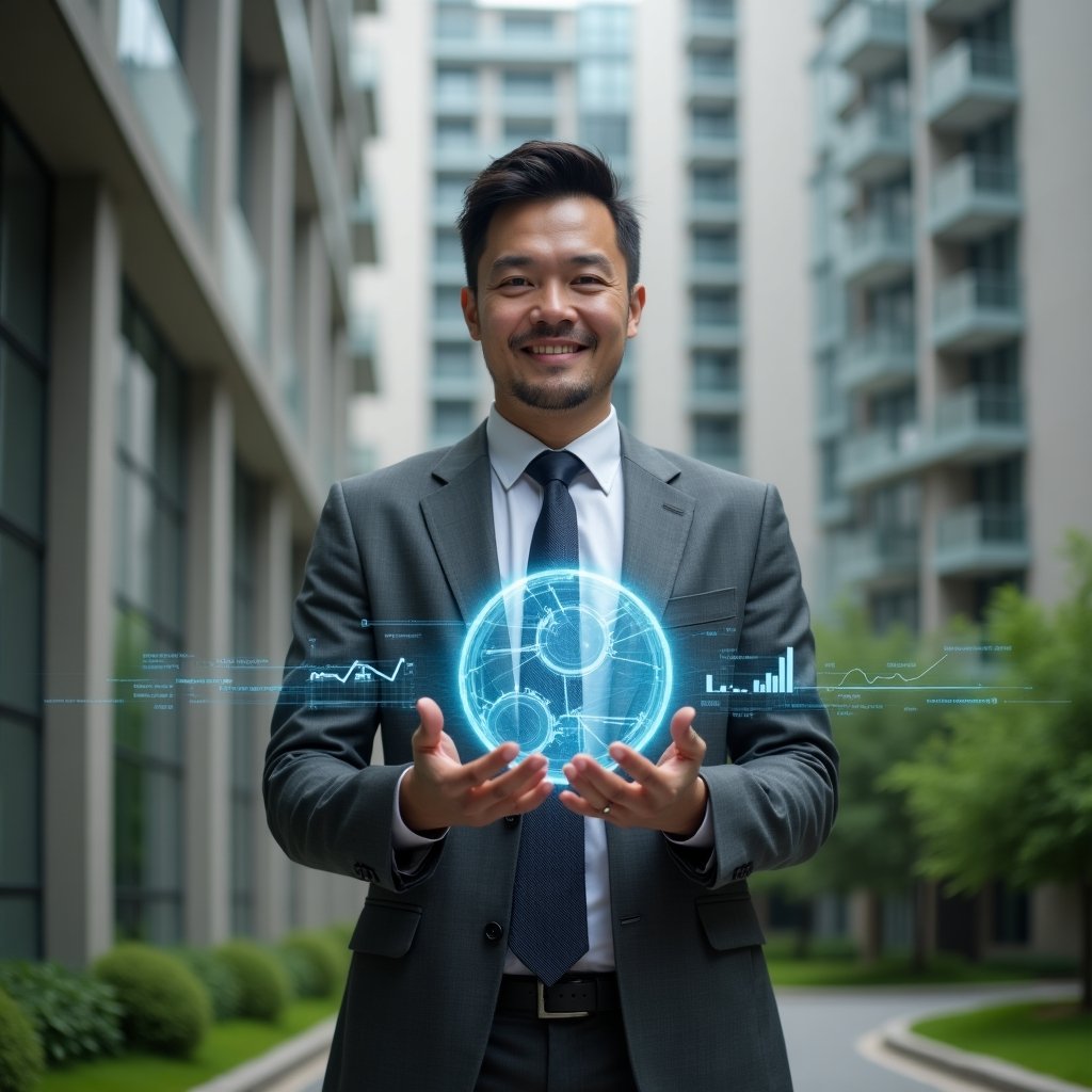(Ultra-realistic condominium manager in a charcoal gray suit, set in a modern luxury condominium environment with high-rise buildings and manicured greenery, confidently interacting with floating holographic financial charts and a glowing pie chart symbolizing clear reports, cinematic lighting, shallow depth of field, highly detailed textures, realistic skin, photographic realism, 8k resolution --ar 1:1 --v 6)