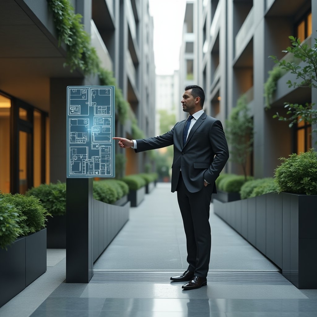 Ultra-realistic condominium manager in a dark gray tailored suit, set in a modern luxury condominium environment with high-rise buildings and meticulously landscaped greenery, standing confidently in a medium shot beside a gently sloped accessibility ramp, pointing to a floating holographic floor plan with tactile paving highlights, conveying inclusion and compliance, cinematic lighting, shallow depth of field, highly detailed textures, realistic skin, photographic realism, 8k resolution --ar 1:1 --v 6
