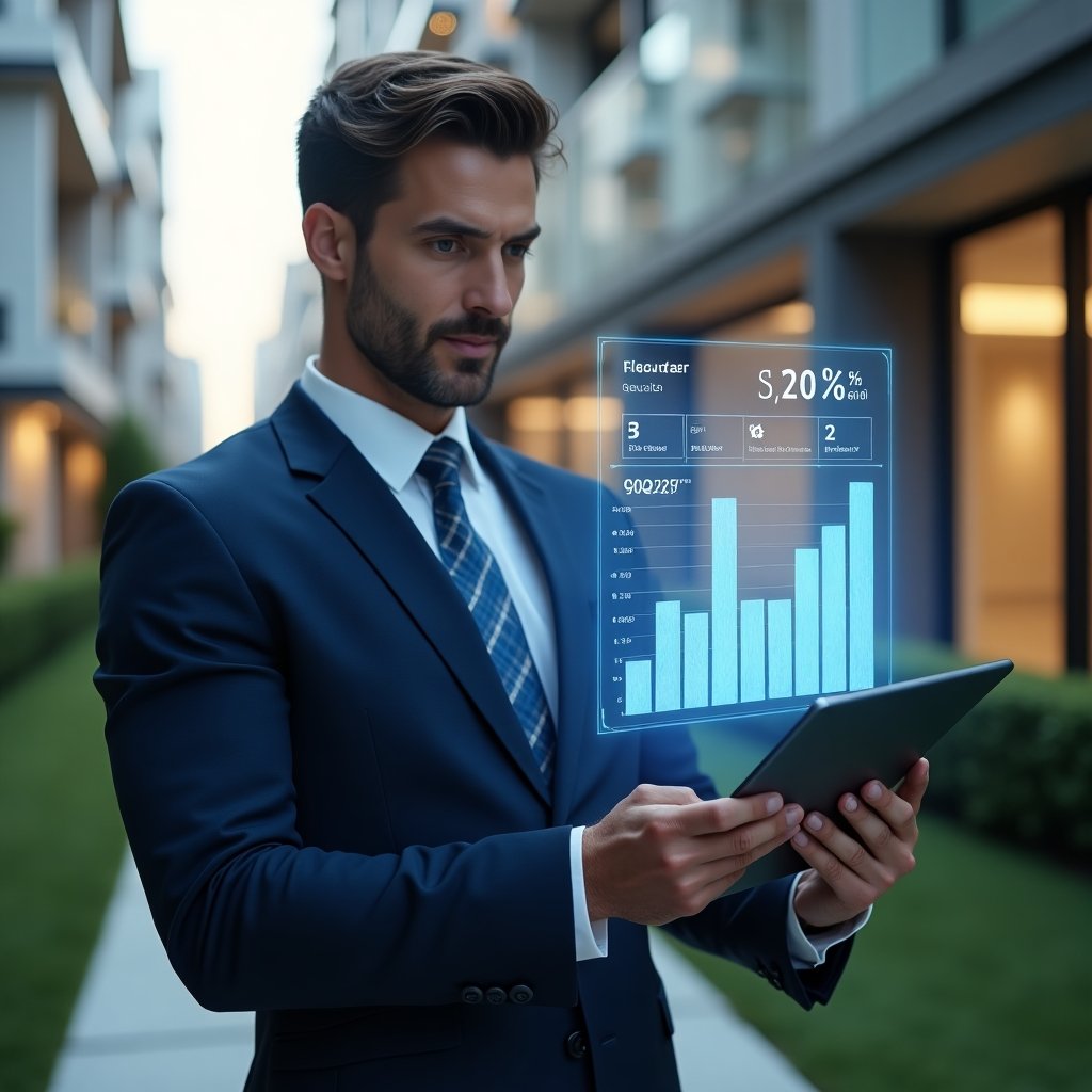 Ultra-realistic condominium manager in a navy blue suit, set in a modern luxury condominium environment with high-rise buildings and manicured green landscaping, holding a digital tablet displaying a holographic condominium management app interface, confidently reviewing financial charts, cinematic lighting, shallow depth of field, highly detailed textures, realistic skin, photographic realism, 8k resolution --ar 1:1 --v 6