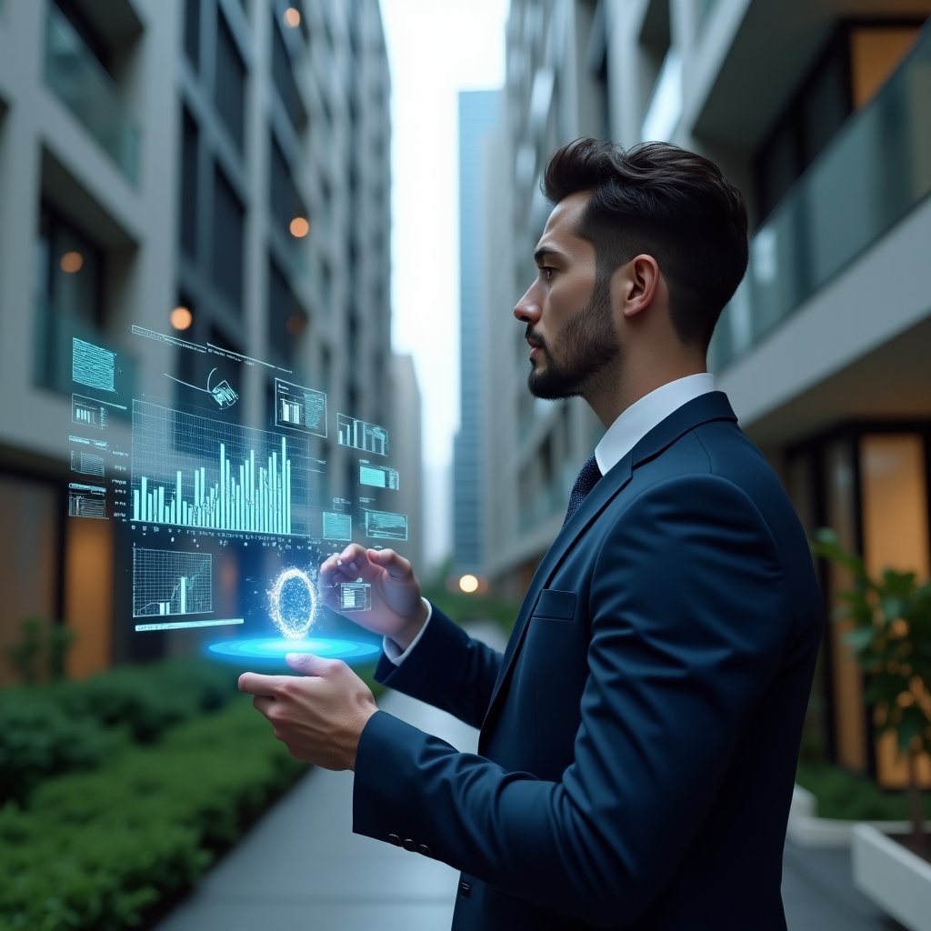 (Ultra-realistic condominium manager in a navy blue suit, set in a modern luxury condominium environment with high-rise buildings and manicured green landscaping, standing in a medium close-up pose while reviewing holographic financial charts and spreadsheets floating before them, with a subtle glowing budget ledger icon beside them, cinematic lighting, shallow depth of field, highly detailed textures, realistic skin, photographic realism, 8k resolution --ar 1:1 --v 6)