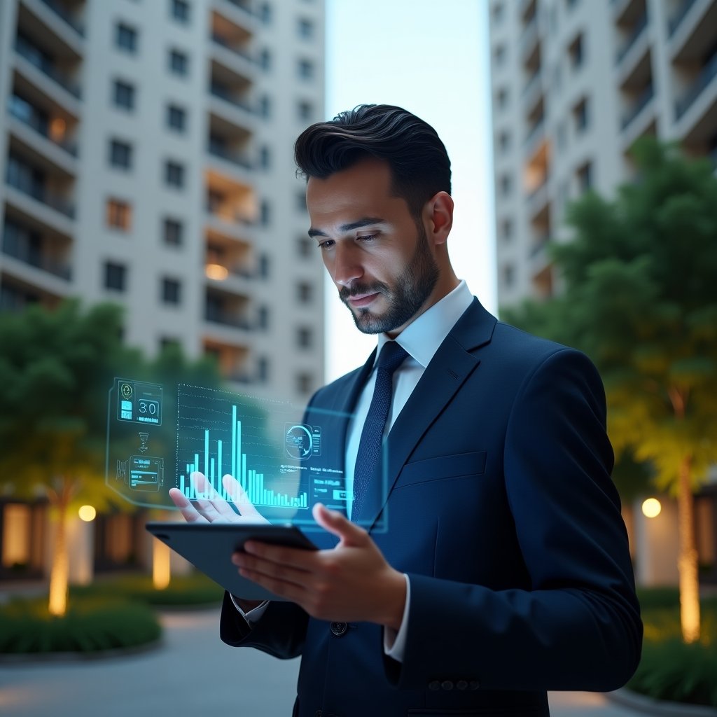 (Ultra-realistic condominium manager in a navy tailored suit, set in a modern luxury condominium environment with high-rise buildings and lush green landscaping, confidently reviewing a holographic financial report projected from a tablet, floating charts and graphs symbolizing transparent accounting, cinematic lighting, shallow depth of field, highly detailed textures, realistic skin, photographic realism, 8k resolution --ar 1:1 --v 6)
