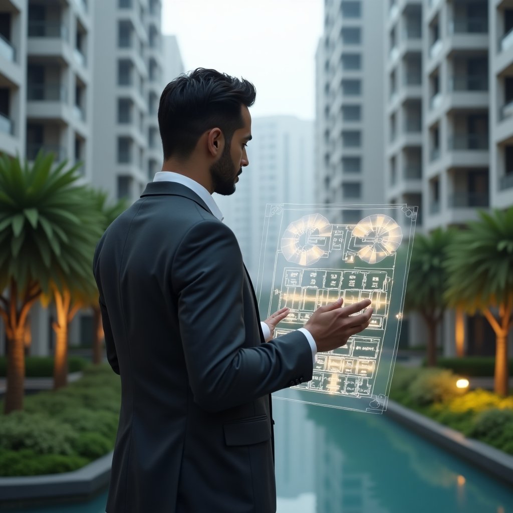 (Ultra-realistic condominium manager in a charcoal gray executive suit, set in a modern luxury condominium environment with high-rise buildings and meticulously landscaped gardens, standing in a medium shot and thoughtfully analyzing a holographic blueprint of building units with highlighted fractional ratios, overlaid with translucent pie chart icons representing fração ideal, cinematic lighting, shallow depth of field, highly detailed textures, realistic skin, photographic realism, 8k resolution --ar 1:1 --v 6)