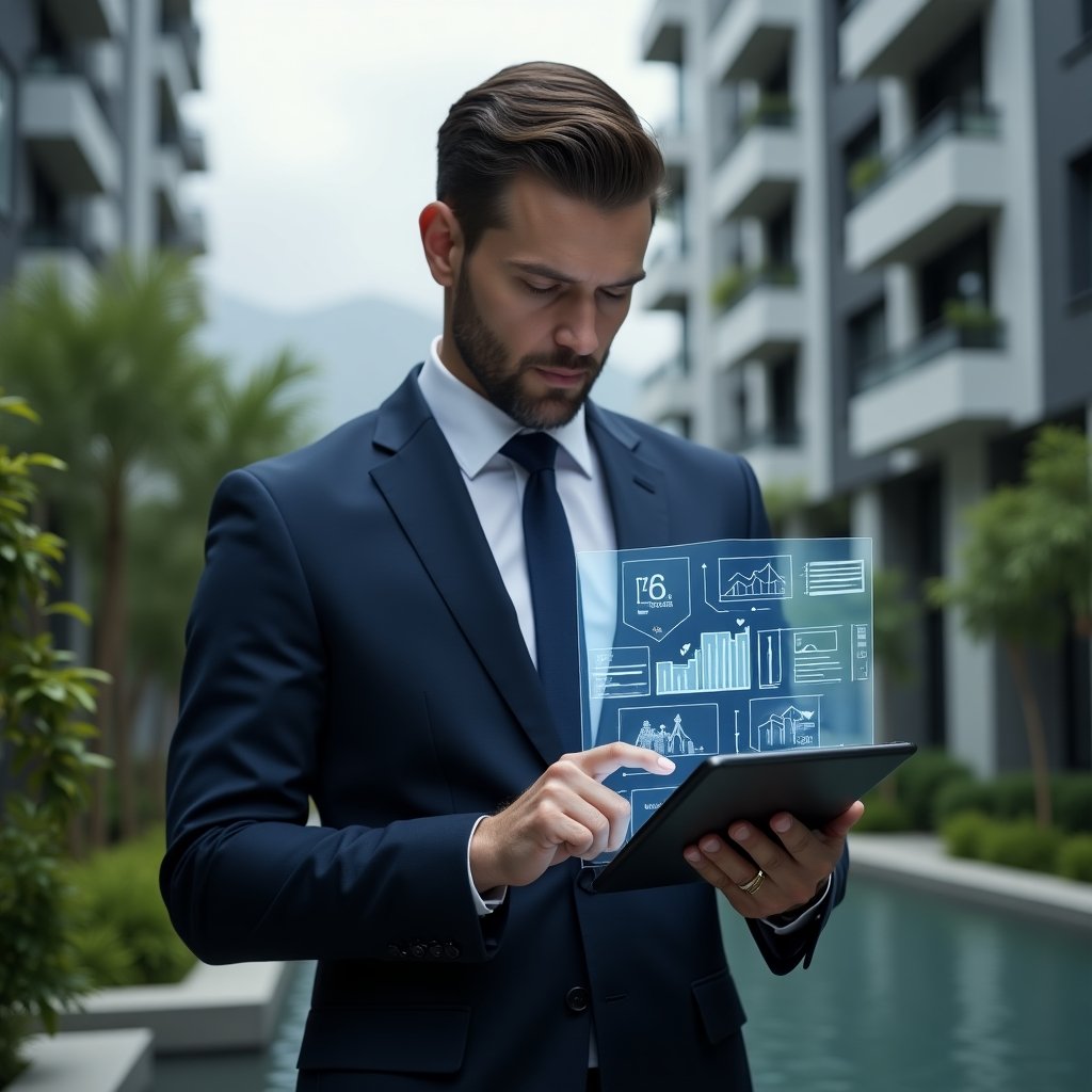 (Ultra-realistic condominium manager in a tailored navy suit, set in a modern luxury condominium environment with high-rise buildings and meticulously landscaped greenery, medium close-up reviewing a digital tablet projecting holographic financial charts and legal document icons, expression confident and focused, cinematic lighting, shallow depth of field, highly detailed textures, realistic skin, photographic realism, 8k resolution --ar 1:1 --v 6)