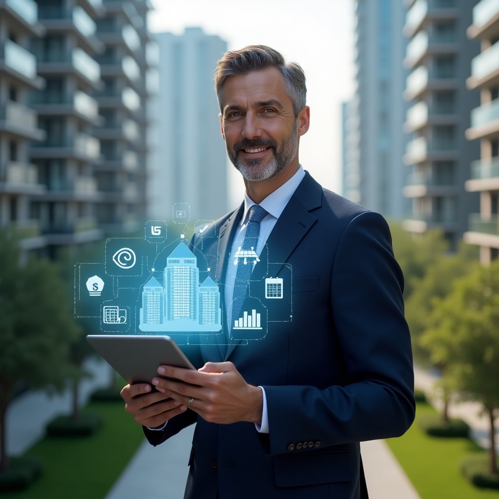 (Ultra-realistic property manager in a navy blue suit, set in a modern luxury condominium environment with high-rise buildings and meticulously landscaped green areas, holding a tablet and interacting with a holographic condominium management dashboard, confident expression, floating icons of building, calendar and chart graphs around, cinematic lighting, shallow depth of field, highly detailed textures, realistic skin, photographic realism, 8k resolution --ar 1:1 --v 6)