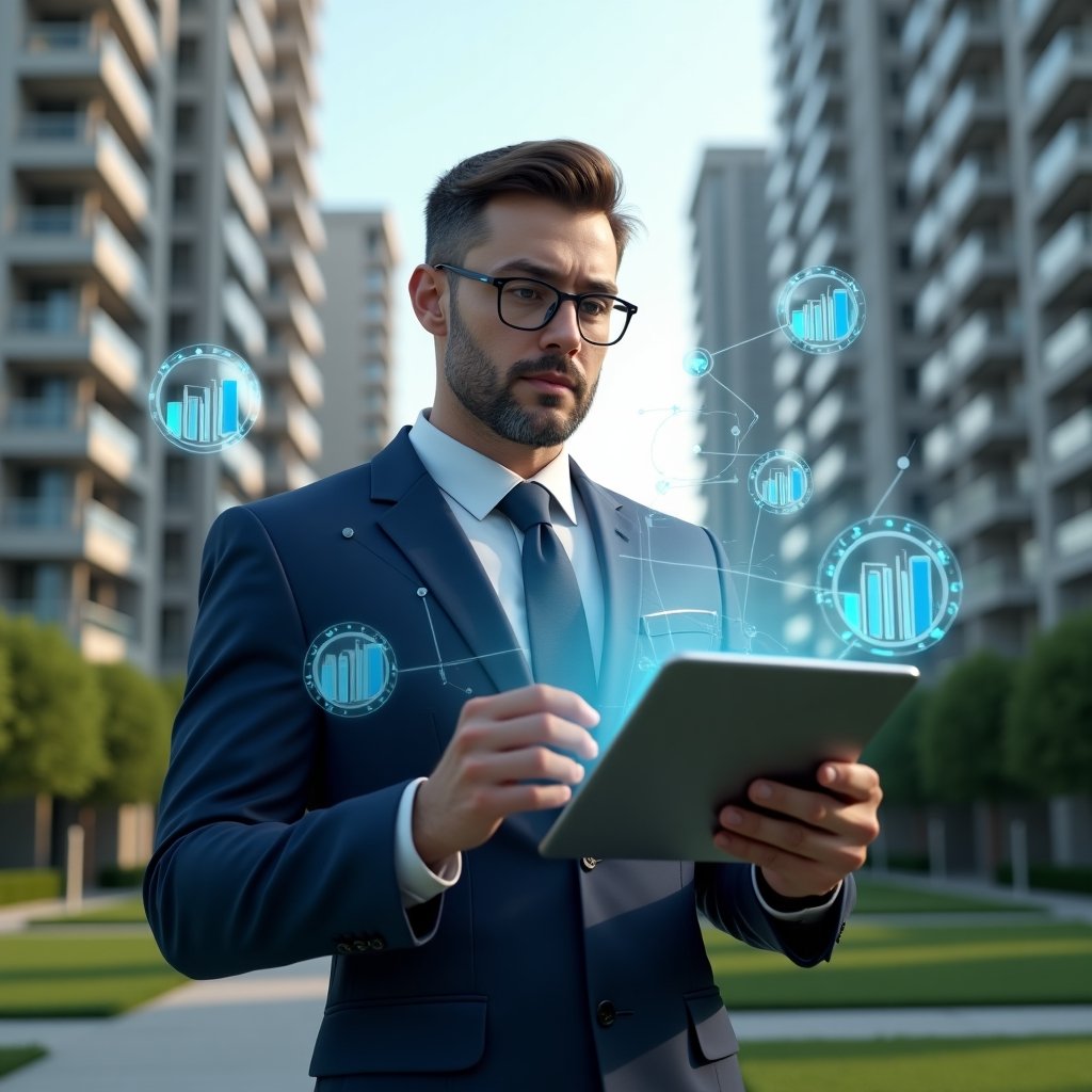 (Ultra-realistic property manager in a navy blue suit, set in a modern luxury condominium environment with high-rise buildings and meticulously landscaped green areas, reviewing holographic financial reports with a confident, focused expression, floating transparent charts and ledger icons around them, cinematic lighting, shallow depth of field, highly detailed textures, realistic skin, photographic realism, 8k resolution --ar 1:1 --v 6)