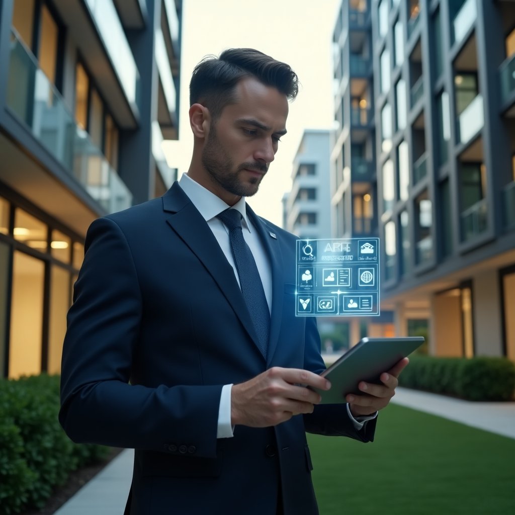 (Ultra-realistic condominium manager in a tailored navy suit, set in a modern luxury condominium environment with high-rise buildings and manicured green landscaping, holding a tablet displaying a holographic app interface as if comparing features, a floating translucent icon grid representing “management software” beside them, confident and focused expression, cinematic lighting, shallow depth of field, highly detailed textures, realistic skin, photographic realism, 8k resolution --ar 1:1 --v 6)