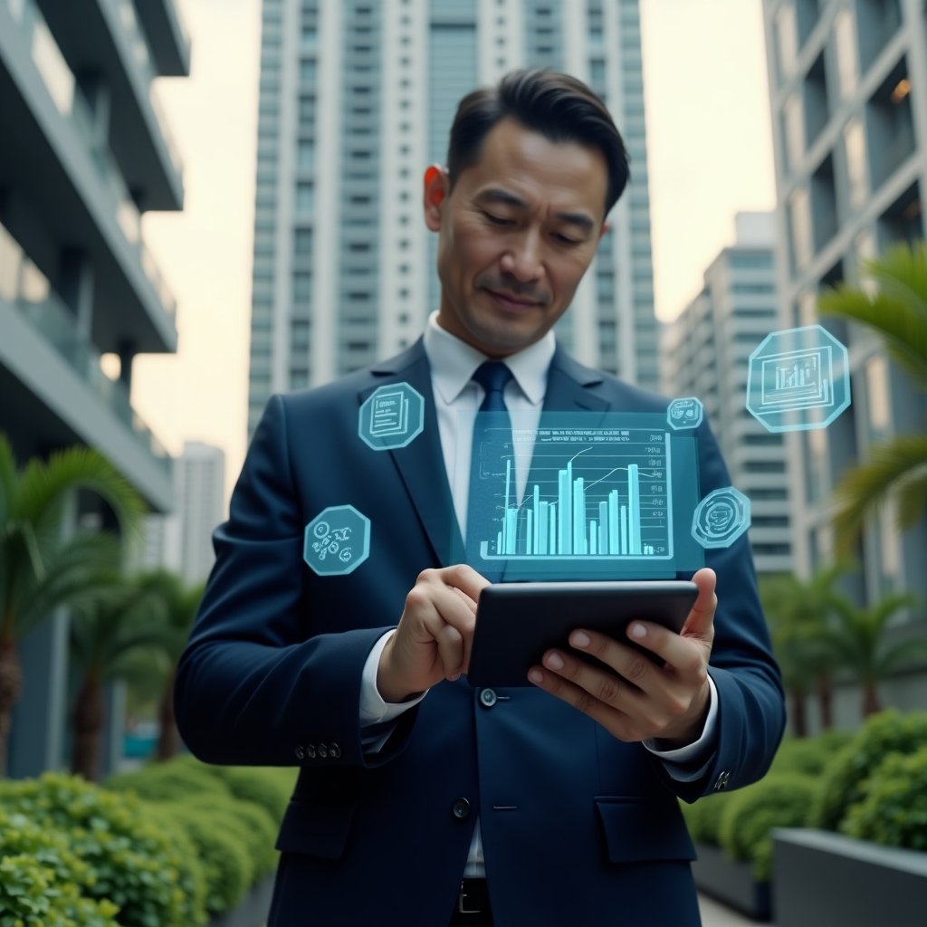 (Ultra-realistic condominium manager in a dark navy suit, set in a modern luxury condominium environment with high-rise buildings and well-kept green landscaping, mid-shot holding a tablet displaying holographic financial reports and charts, analyzing data with a confident, focused expression, floating icons of documents and graphs around, cinematic lighting, shallow depth of field, highly detailed textures, realistic skin, photographic realism, 8k resolution --ar 1:1 --v 6)