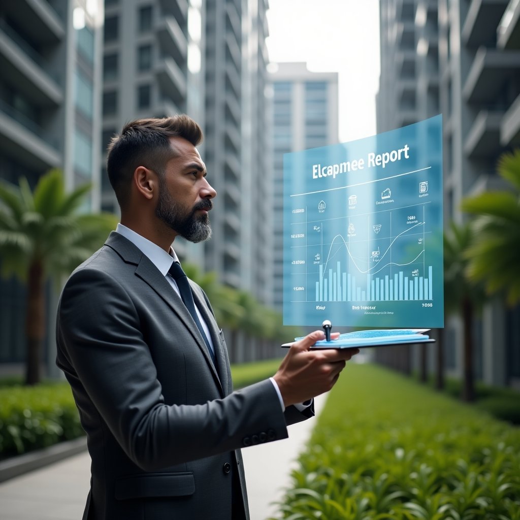 Ultra-realistic condominium manager in a charcoal gray suit, set in a modern luxury condominium environment with high-rise buildings and meticulously manicured green landscaping, reviewing a floating holographic expense report chart with a digital pen in hand, confident and focused expression, holographic bar graphs and icons representing daily expenses, cinematic lighting, shallow depth of field, highly detailed textures, realistic skin, photographic realism, 8k resolution --ar 1:1 --v 6