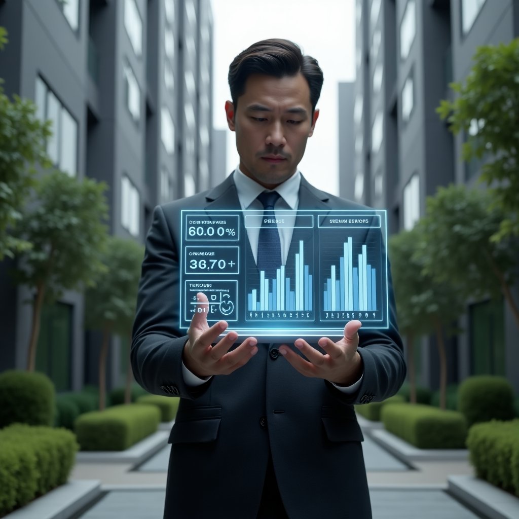 (Ultra-realistic condominium manager in a dark gray executive suit, set in a modern luxury condominium environment with high-rise buildings and manicured green landscaping, analyzing a floating holographic dashboard of financial KPIs with charts for delinquency rate, reserve fund and cost per common area, confident and focused expression, cinematic lighting, shallow depth of field, highly detailed textures, realistic skin, photographic realism, 8k resolution --ar 1:1 --v 6)