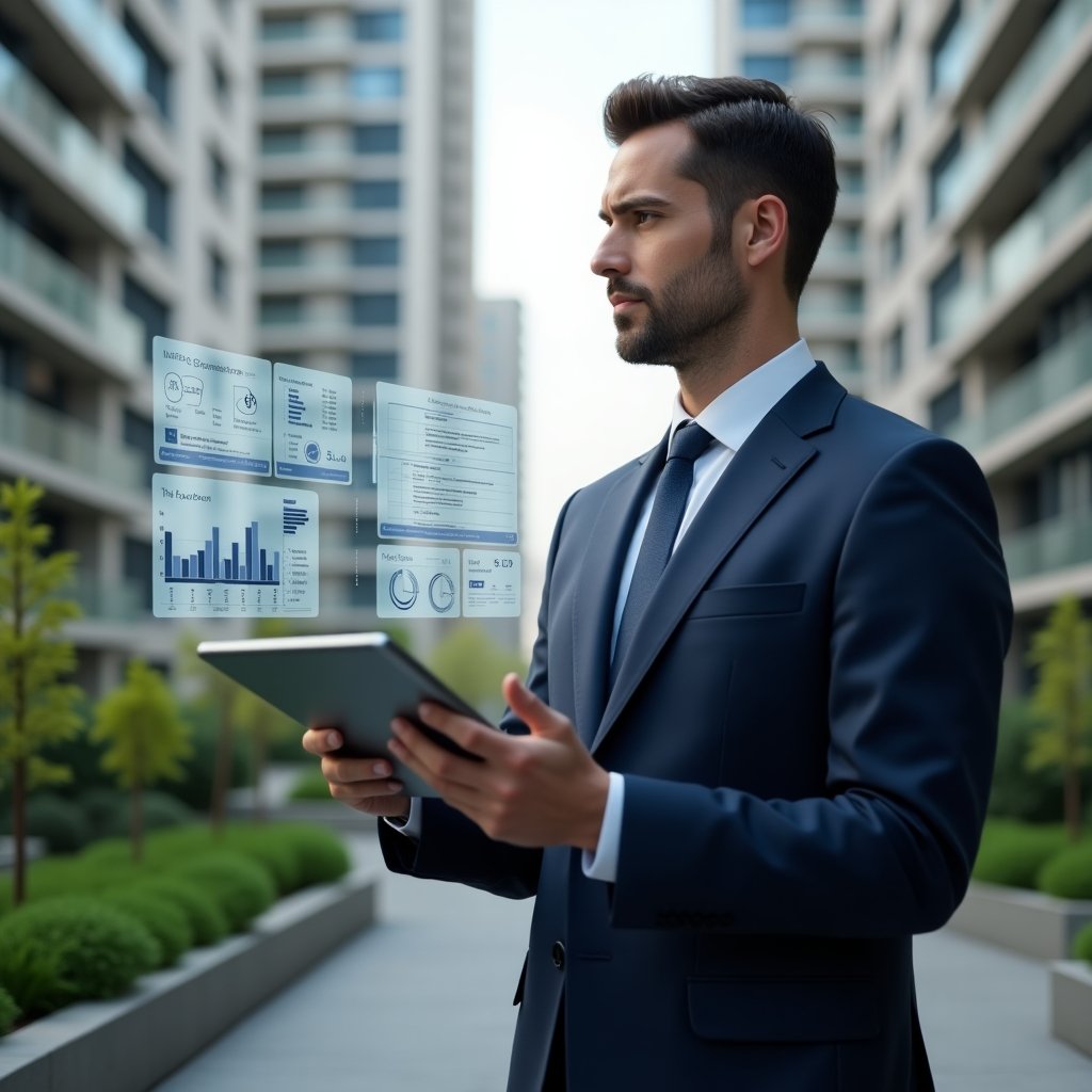 Ultra-realistic property manager in a navy tailored suit, set in a modern luxury condominium environment with high-rise buildings and lush green landscaping, holding a tablet and interacting with a floating holographic dashboard of charts and checklists, conveying confidence and focus, cinematic lighting, shallow depth of field, highly detailed textures, realistic skin, photographic realism, 8k resolution --ar 1:1 --v 6