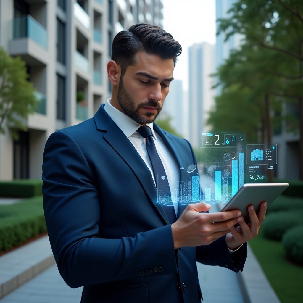 Ultra-realistic condominium manager in a navy blue suit, set in a modern luxury condominium environment with high-rise buildings and lush green landscaping, examining holographic financial charts projected from a tablet with a focused, confident expression, floating accounting icons and graphs symbolizing updated reporting requirements, cinematic lighting, shallow depth of field, highly detailed textures, realistic skin, photographic realism, 8k resolution --ar 1:1 --v 6