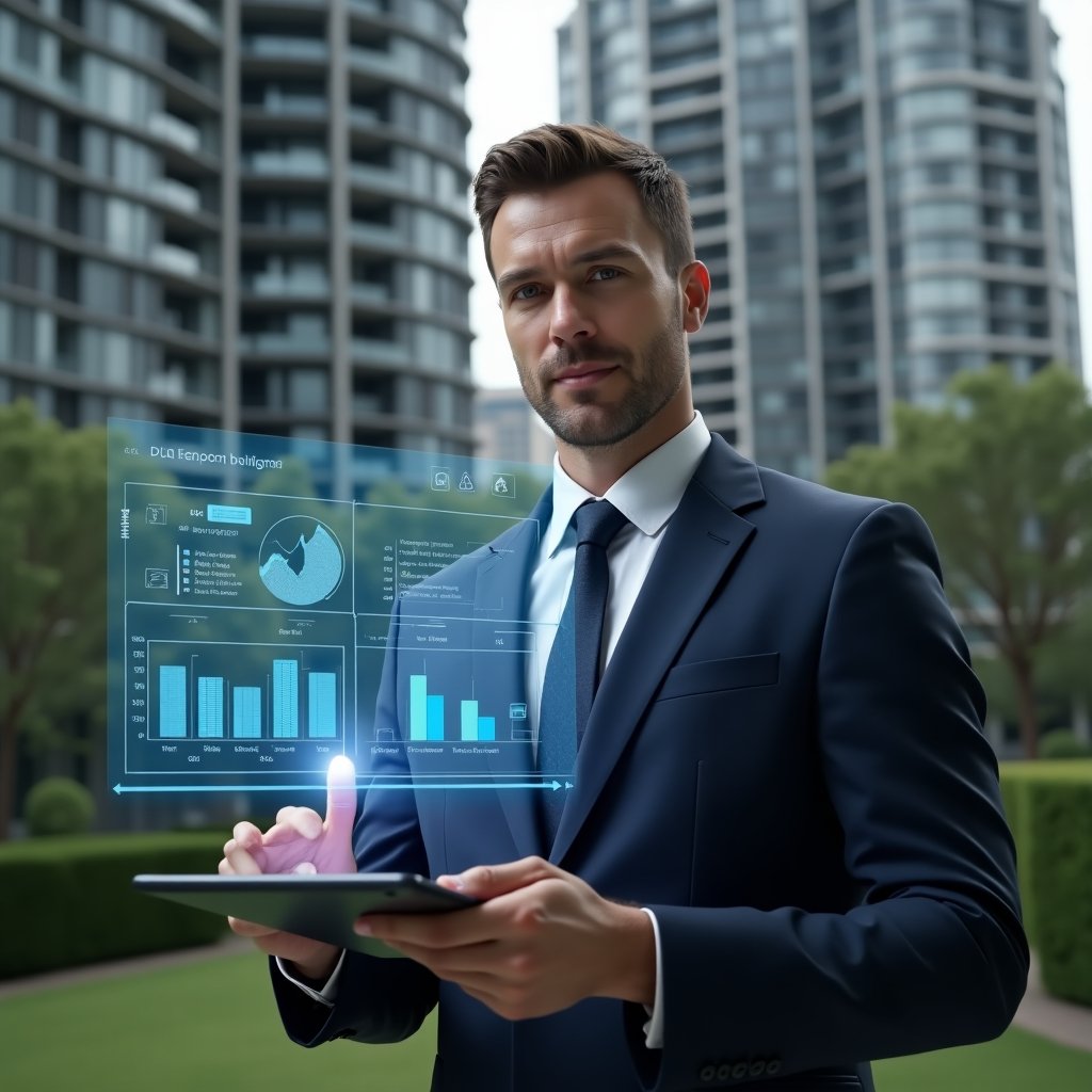 (Ultra-realistic condominium manager in a navy executive suit, set in a modern luxury condominium environment with high-rise buildings and manicured greenery in the background, holding a transparent holographic budget chart displaying expense graphs and approval icons, pointing confidently at projections on a tablet, focused and assured expression, cinematic lighting, shallow depth of field, highly detailed textures, realistic skin, photographic realism, 8k resolution --ar 1:1 --v 6)