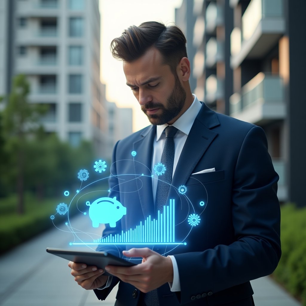Ultra-realistic condominium manager in a tailored navy blue suit, set in a modern luxury condominium environment with high-rise buildings and manicured green landscaping, examining a holographic cost-reduction chart emerging from a tablet, surrounded by floating icons of piggy bank, gears and bar graphs symbolizing optimization, confident and focused expression, cinematic lighting, shallow depth of field, highly detailed textures, realistic skin, photographic realism, 8k resolution --ar 1:1 --v 6