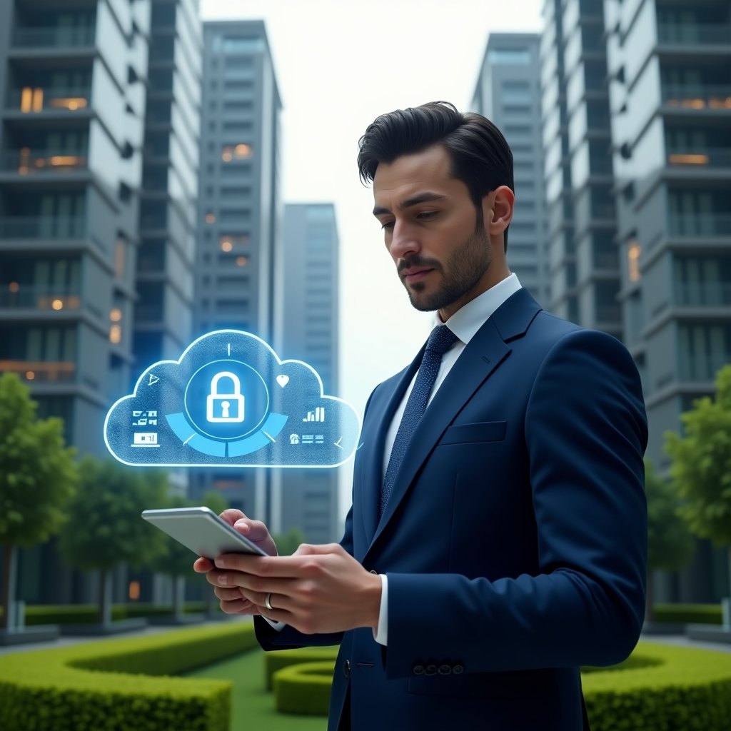 (Ultra-realistic condominium manager in a navy blue executive suit, set in a modern luxury condominium environment with high-rise buildings and meticulously manicured green landscaping, holding a tablet and analyzing a holographic cloud-based dashboard displaying financial charts, security lock icons and communication alerts, conveying confidence and focus, cinematic lighting, shallow depth of field, highly detailed textures, realistic skin, photographic realism, 8k resolution --ar 1:1 --v 6)