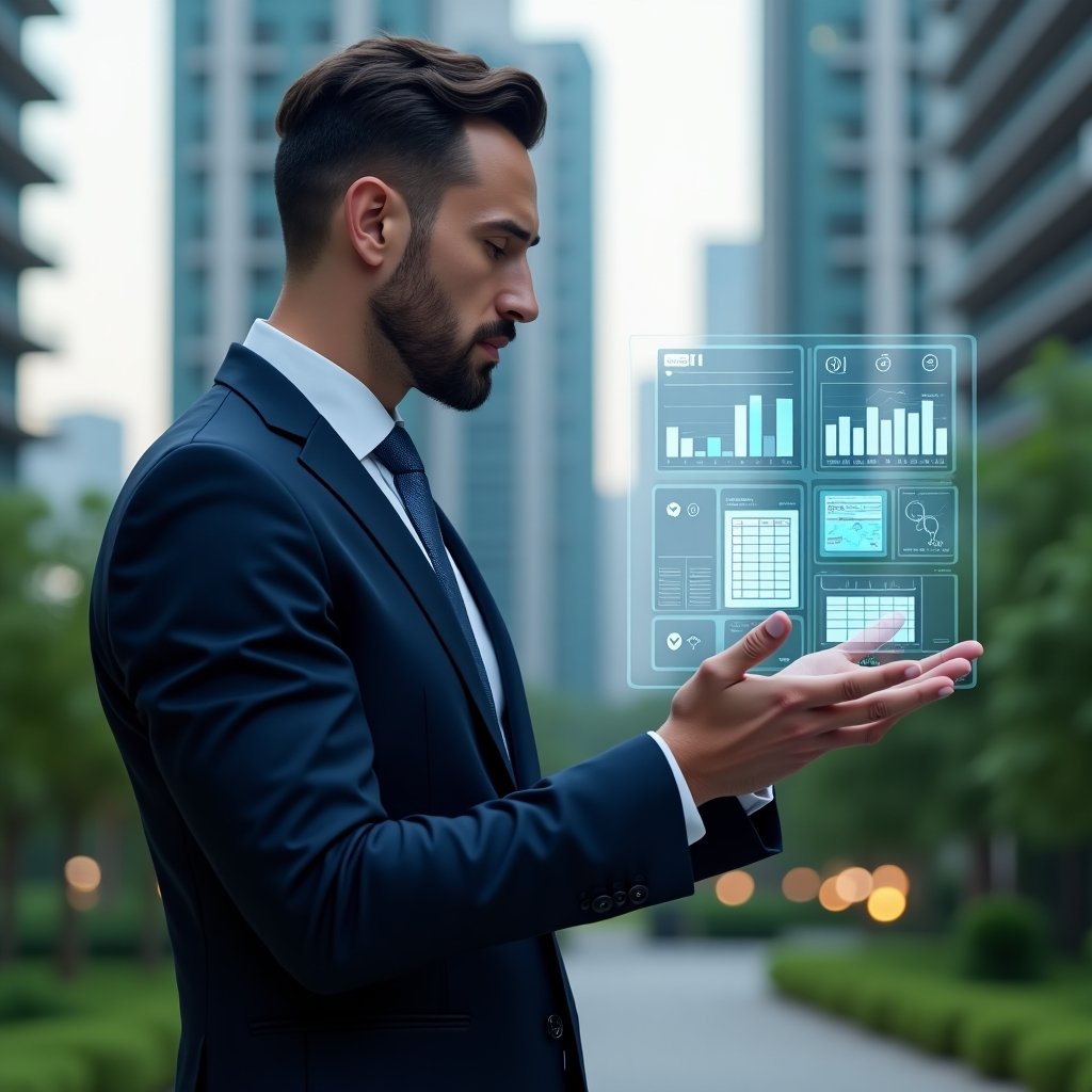 (Ultra-realistic condominium manager in a tailored navy-blue suit, set in a modern luxury condominium environment with high-rise buildings and lush green landscaping, examining a floating holographic dashboard of payment reminders and financial charts with a confident, focused expression, holographic icons of invoices, calendars, and checkmarks surrounding them, cinematic lighting, shallow depth of field, highly detailed textures, realistic skin, photographic realism, 8k resolution --ar 1:1 --v 6)