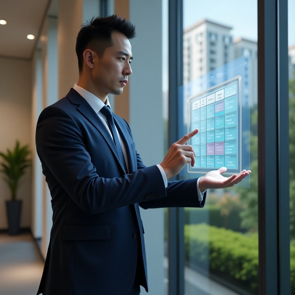 (Ultra-realistic condominium manager in a tailored navy suit, set in a modern luxury condominium environment with high-rise buildings and meticulously landscaped gardens, standing in a medium shot while interacting with a floating holographic calendar displaying color-coded schedules and department icons, conveying confidence and focus, cinematic lighting, shallow depth of field, highly detailed textures, realistic skin, photographic realism, 8k resolution --ar 1:1 --v 6)