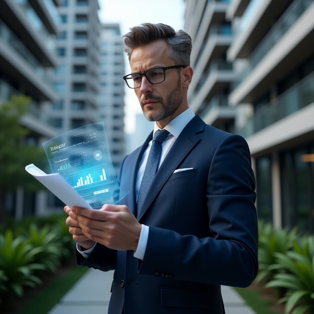 (Ultra-realistic condominium manager in a navy blue suit, set in a modern luxury condominium environment with high-rise buildings and lush green landscaping, holding and analyzing a transparent holographic financial report with glowing charts, confident and focused expression, cinematic lighting, shallow depth of field, highly detailed textures, realistic skin, photographic realism, 8k resolution --ar 1:1 --v 6)