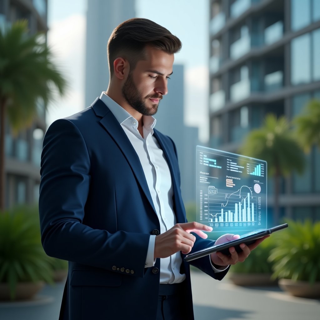 (Ultra-realistic condominium manager in a tailored navy blue suit, set in a modern luxury condominium environment with high-rise buildings and lush green landscaping, confidently interacting with a floating holographic dashboard of financial charts and reservation icons on a transparent tablet, glowing digital interface elements symbolizing streamlined processes and transparency, cinematic lighting, shallow depth of field, highly detailed textures, realistic skin, photographic realism, 8k resolution --ar 1:1 --v 6)