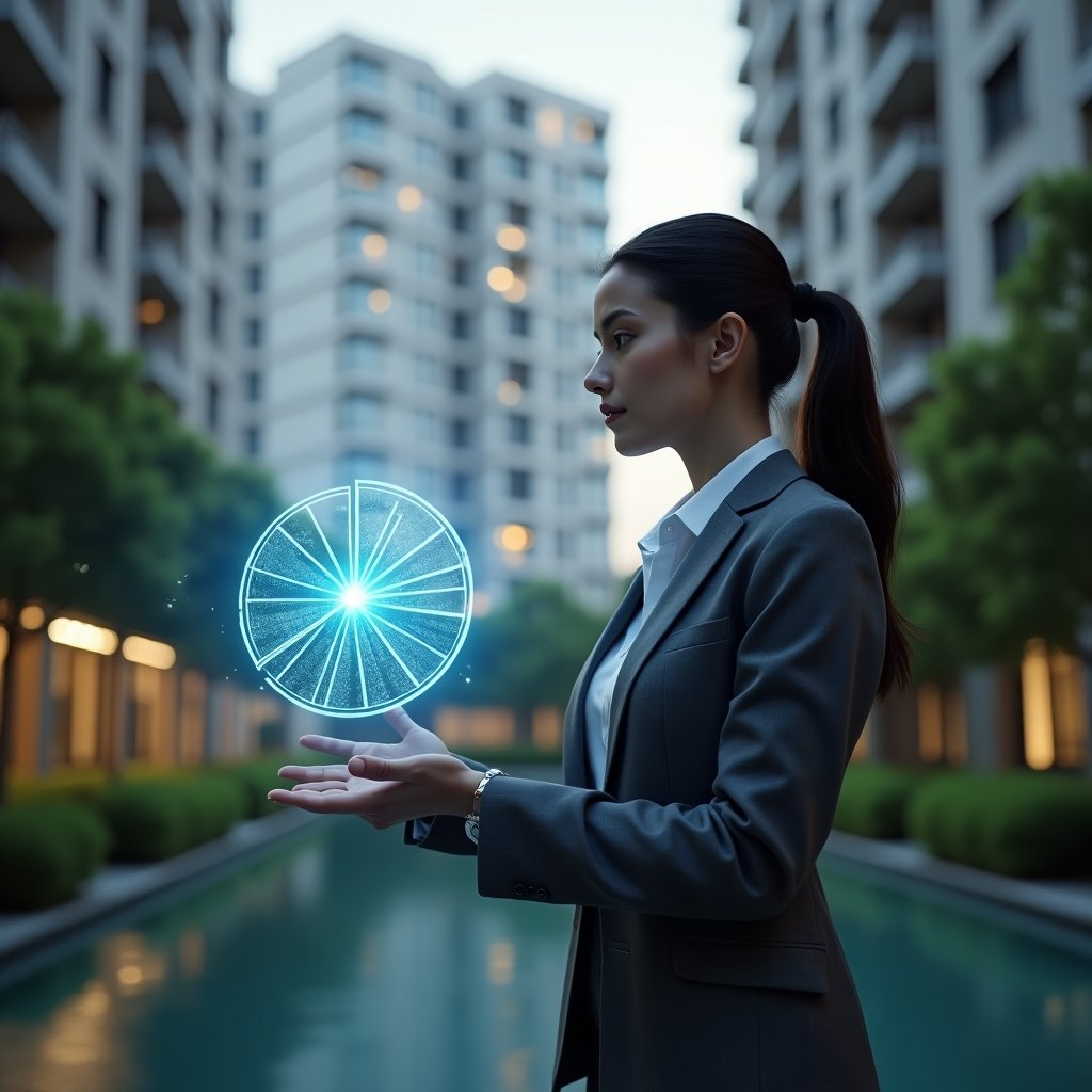 Ultra-realistic condominium manager in a charcoal gray suit, set in a modern luxury condominium environment with high-rise buildings and lush green landscaping, analyzing a holographic pie chart of unit fractions hovering before her, neon-blue fractional segments glowing to represent cost allocation, cinematic lighting, shallow depth of field, highly detailed textures, realistic skin, photographic realism, 8k resolution --ar 1:1 --v 6