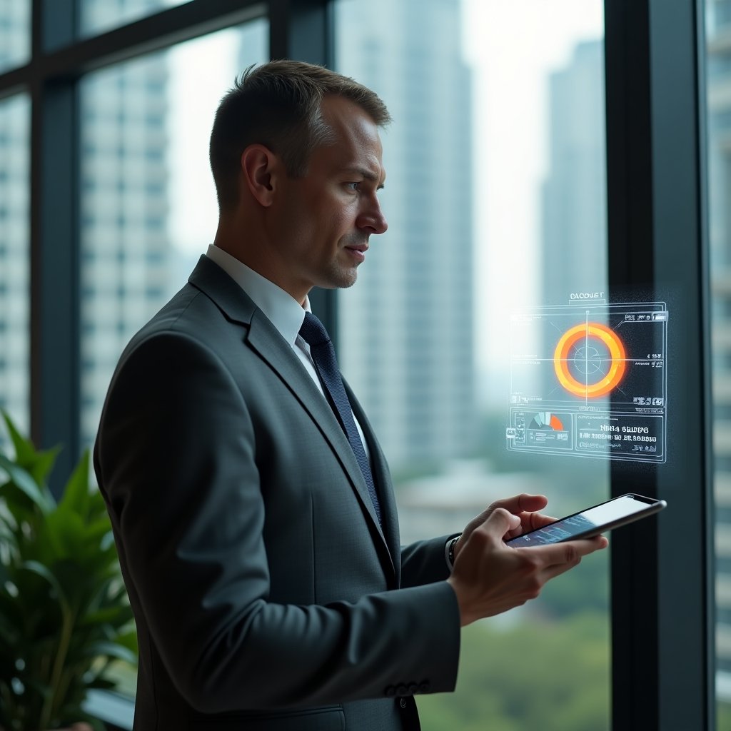 (ultra-realistic condominium manager in a charcoal gray suit, set in a modern luxury condominium environment with high-rise buildings and green landscaping, medium shot of a confident professional analyzing a holographic pie chart representing ideal fraction calculations, holding a digital tablet displaying cost-sharing graphs, cinematic lighting, shallow depth of field, highly detailed textures, realistic skin, photographic realism, 8k resolution --ar 1:1 --v 6)