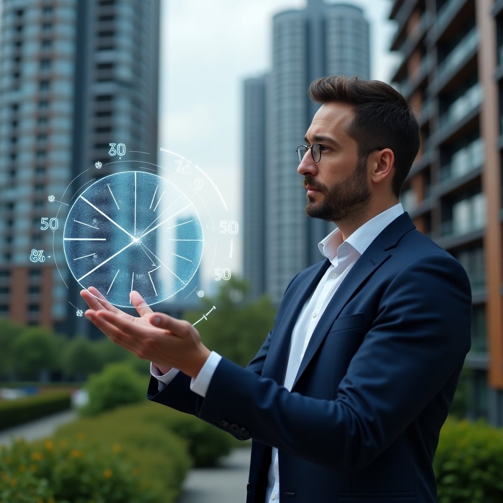 Ultra-realistic property manager in a navy suit, set in a modern luxury condominium environment with high-rise buildings and lush green landscaping, examining a floating holographic pie chart illustrating ideal fractions and condo fee allocations, focused and confident expression, glowing percentage icons and financial symbols around, cinematic lighting, shallow depth of field, highly detailed textures, realistic skin, photographic realism, 8k resolution --ar 1:1 --v 6