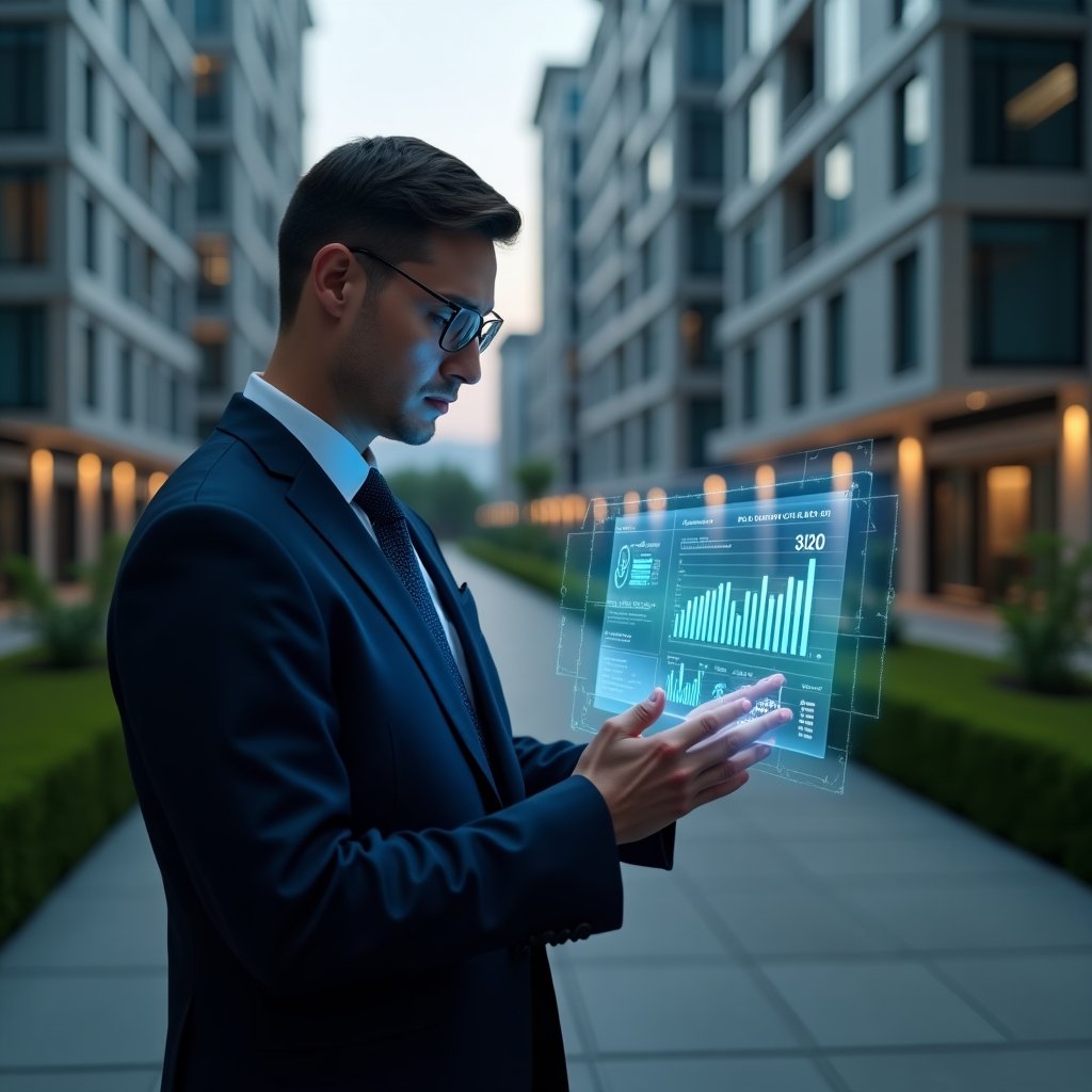 (Ultra-realistic condominium manager in a tailored dark blue suit, set in a modern luxury condominium environment with high-rise buildings and manicured green landscaping, confidently analyzing a holographic financial dashboard of digital reports and glowing charts symbolizing automated online accounting, cinematic lighting, shallow depth of field, highly detailed textures, realistic skin, photographic realism, 8k resolution --ar 1:1 --v 6)