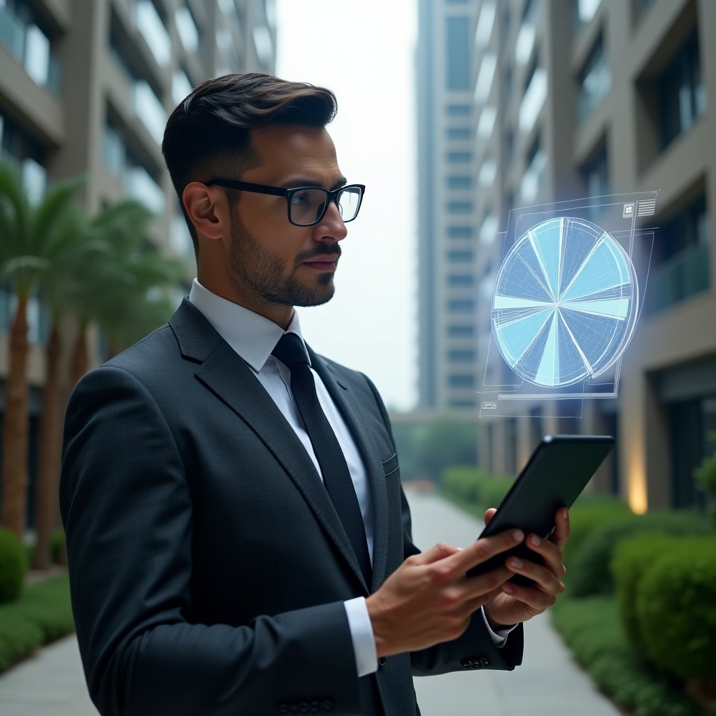 Ultra-realistic condominium manager in a dark gray tailored suit, set in a modern luxury condominium environment with high-rise buildings and meticulously landscaped gardens, examining a floating holographic pie chart that represents fractional ownership and expense allocation, holding a tablet displaying a digital dashboard of condo fees, confident and analytical expression, cinematic lighting, shallow depth of field, highly detailed textures, realistic skin, photographic realism, 8k resolution --ar 1:1 --v 6
