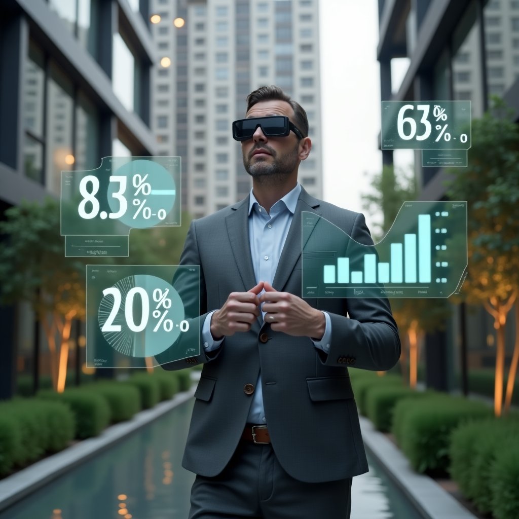 (Ultra-realistic condominium manager in a charcoal gray suit, set in a modern luxury condominium environment with high-rise buildings and well-manicured green landscaping, mid shot of the manager analyzing floating holographic charts displaying ideal fraction percentages and inflated cost bars, holographic pie chart with highlighted segment, thoughtful expression, cinematic lighting, shallow depth of field, highly detailed textures, realistic skin, photographic realism, 8k resolution --ar 1:1 --v 6)