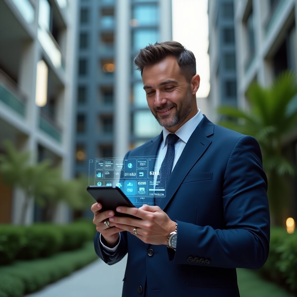 (Ultra-realistic condominium manager in a navy-blue suit, set in a modern luxury condominium environment with high-rise buildings and manicured green landscaping, holding a holographic smartphone interface displaying automated billing, reservation icons and financial graphs, confidently analyzing data with a slight smile, cinematic lighting, shallow depth of field, highly detailed textures, realistic skin, photographic realism, 8k resolution --ar 1:1 --v 6)