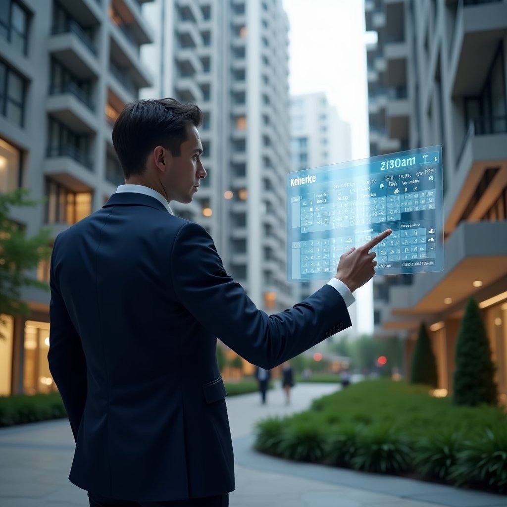 (Ultra-realistic condominium manager in a navy suit, set in a modern luxury condominium environment with high-rise buildings and manicured green landscaping, confidently reviewing a holographic calendar of tasks with one hand pointing at upcoming deadlines, glowing schedule icons floating mid-air, cinematic lighting, shallow depth of field, highly detailed textures, realistic skin, photographic realism, 8k resolution --ar 1:1 --v 6)