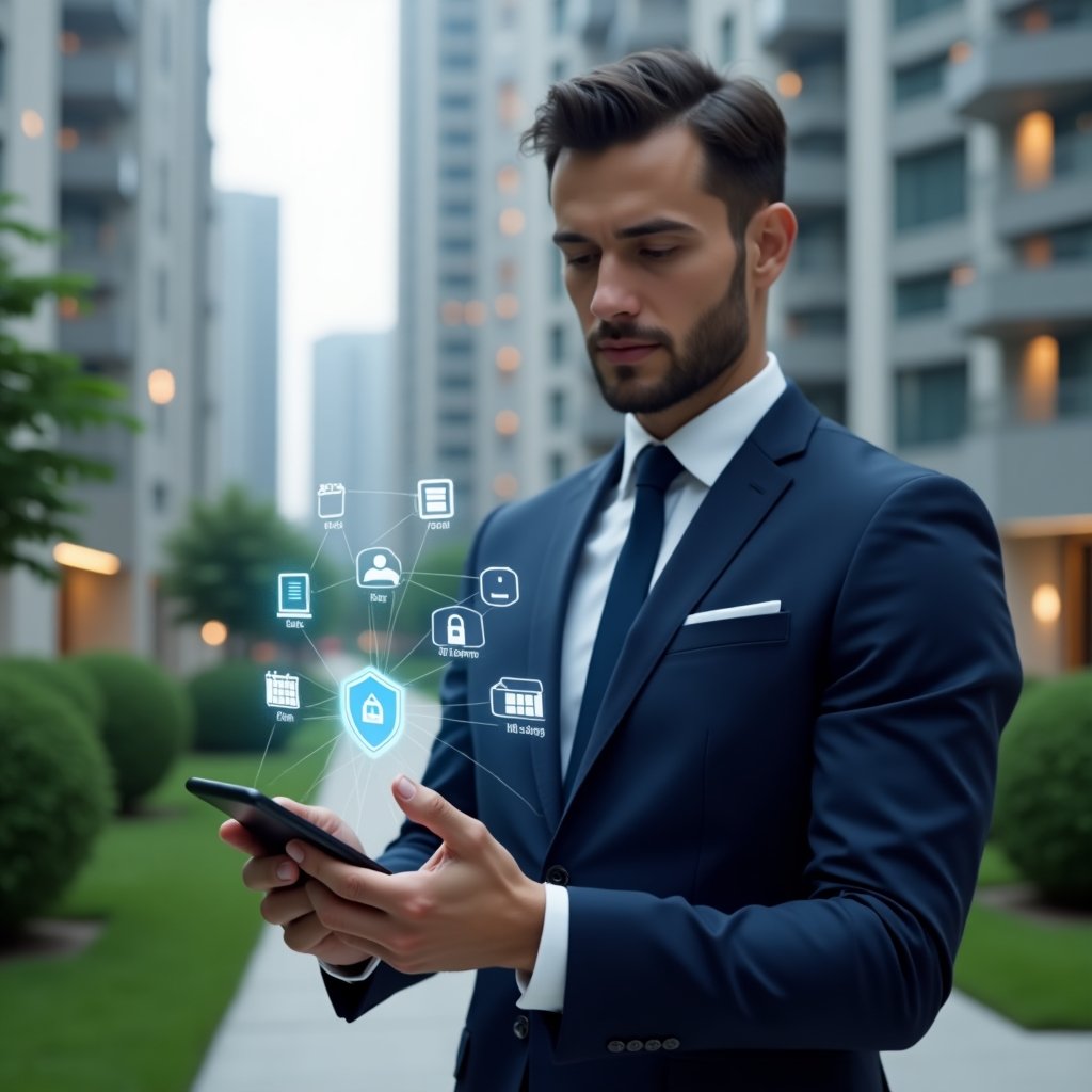 (Ultra-realistic condominium manager in a navy blue tailored suit, set in a modern luxury condominium environment with high-rise buildings and manicured green landscaping, holding a smartphone with a holographic app interface floating above the screen as they interact with it, surrounded by floating icons of chat bubbles, calendar reservations, and a security shield, confident expression, cinematic lighting, shallow depth of field, highly detailed textures, realistic skin, photographic realism, 8k resolution --ar 1:1 --v 6)