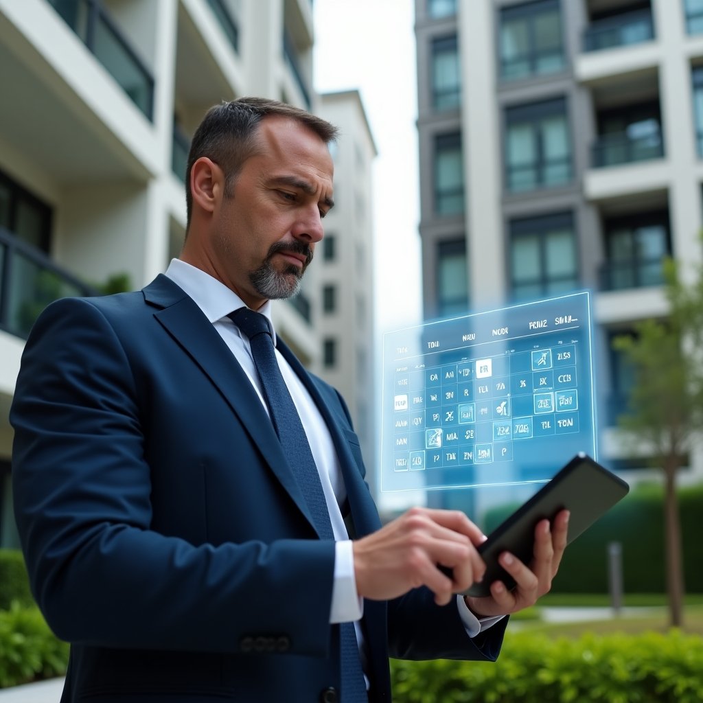 (Ultra-realistic condominium manager in a tailored navy suit, set in a modern luxury condominium environment with high-rise buildings and manicured green landscaping, mid-shot of a confident building manager consulting a digital tablet projecting a holographic maintenance schedule grid, floating calendar icons and tool symbols hovering beside them, cinematic lighting, shallow depth of field, highly detailed textures, realistic skin, photographic realism, 8k resolution --ar 1:1 --v 6)