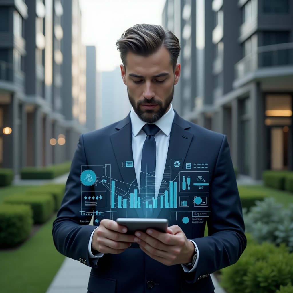 Ultra-realistic condominium manager in a navy tailored suit, set in a modern luxury condominium environment with high-rise buildings and manicured green landscaping, reviewing a holographic financial report with floating charts and icons, confident and focused expression, futuristic holographic graphs and financial symbols surrounding, cinematic lighting, shallow depth of field, highly detailed textures, realistic skin, photographic realism, 8k resolution --ar 1:1 --v 6